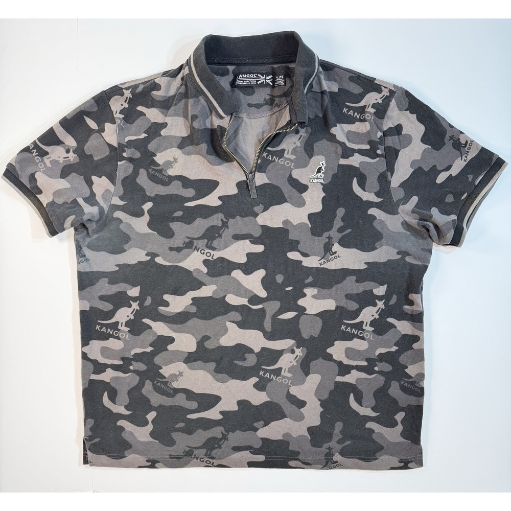 Kangol Polo Shirt Mens XL Gray Camo All Over Print Short Sleeve